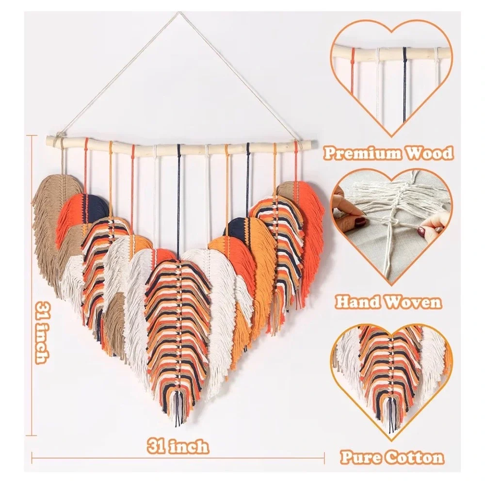 Large Macrame Feather Wall Hanging Boho Hand Woven Cotton Wood Branch 31x31